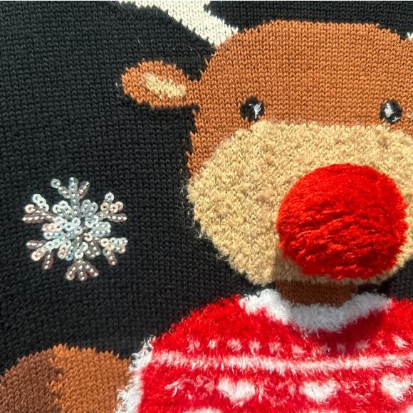 LAURA SCOTT UGLY CHRISTMAS Sweater Cotton Pom Nose Rudolph Sequin Snowflakes L - Picture 2 of 7